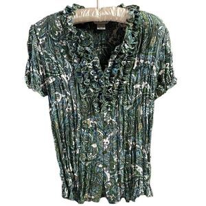 Allison Taylor Crinkled Ruffled Vneck Sheer Blouse, Size L, Green, Teal & White
